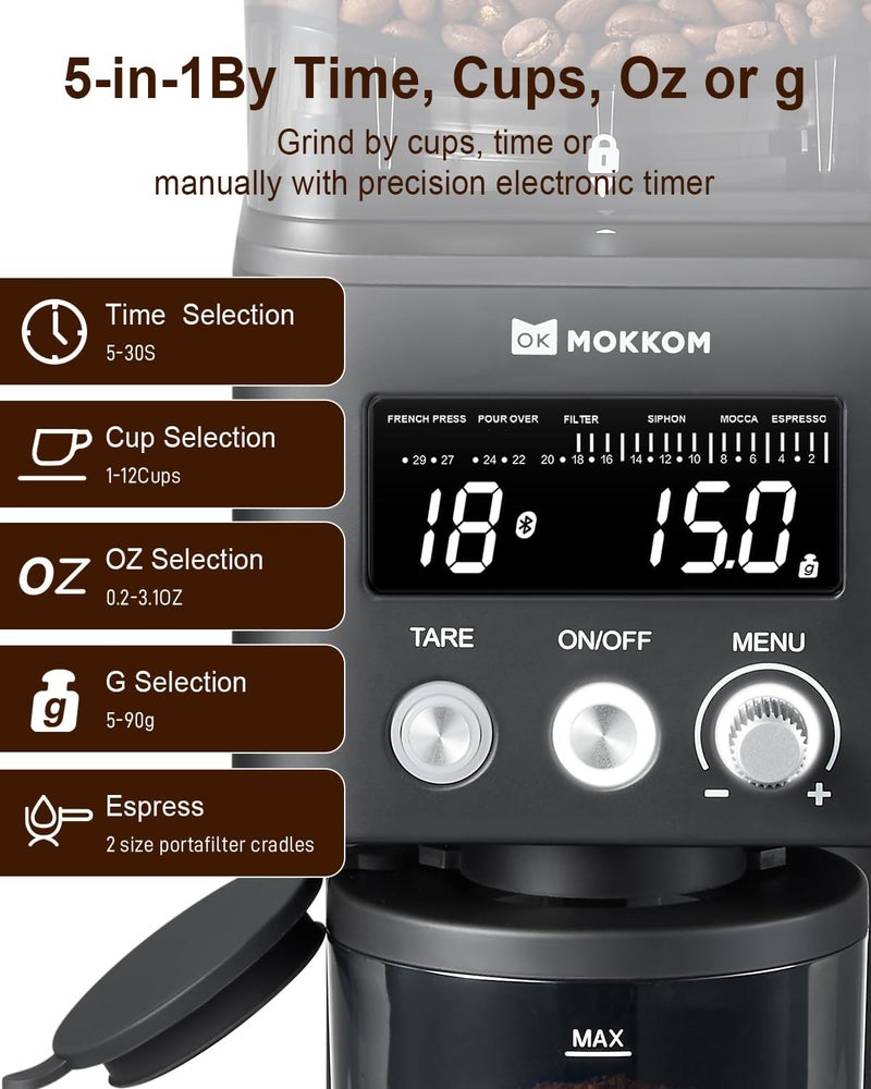 MOKKOM Coffee Grinder with Removable Coffee Scale, Anti-static Conical Burr Coffee Bean Grinder, 31 Precise Settings for Espresso/Drip/Pour Over/Cold Brew/French Press - Image 5